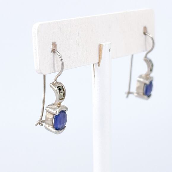 Vintage Sterling Silver 925 Blue Crystal Marcasite Drop Earrings - Picture 3 of 8